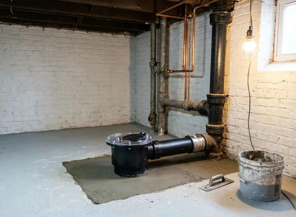 A newly installed backwater valve with a clear inspection lid set into fresh concrete in a cellar floor
