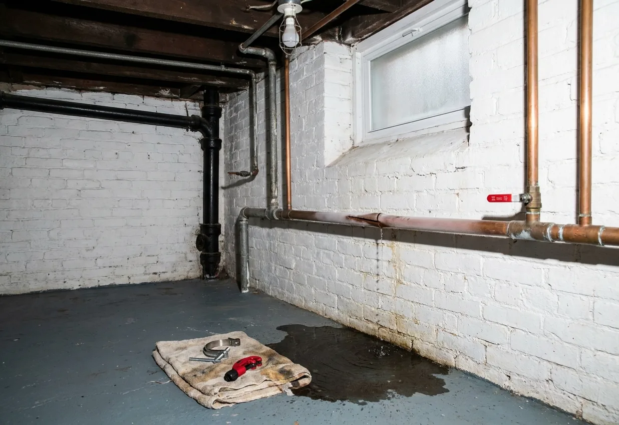 A copper supply pipe along a cold brick cellar wall with water pooled on the floor below it and repair tools laid out on a towel
