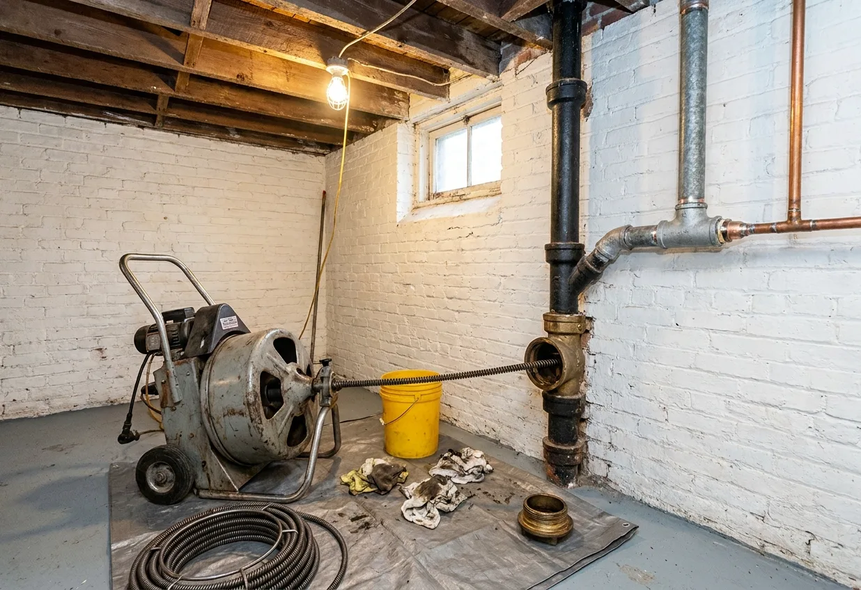 A drum drain cleaning machine with its cable fed into an open brass cleanout on a black cast iron drain stack
