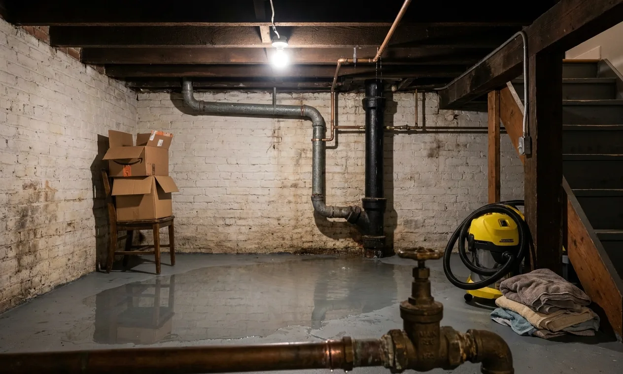 Water spread across a cellar floor under a bare bulb at night, with a wet-vac and towels waiting by the stairs