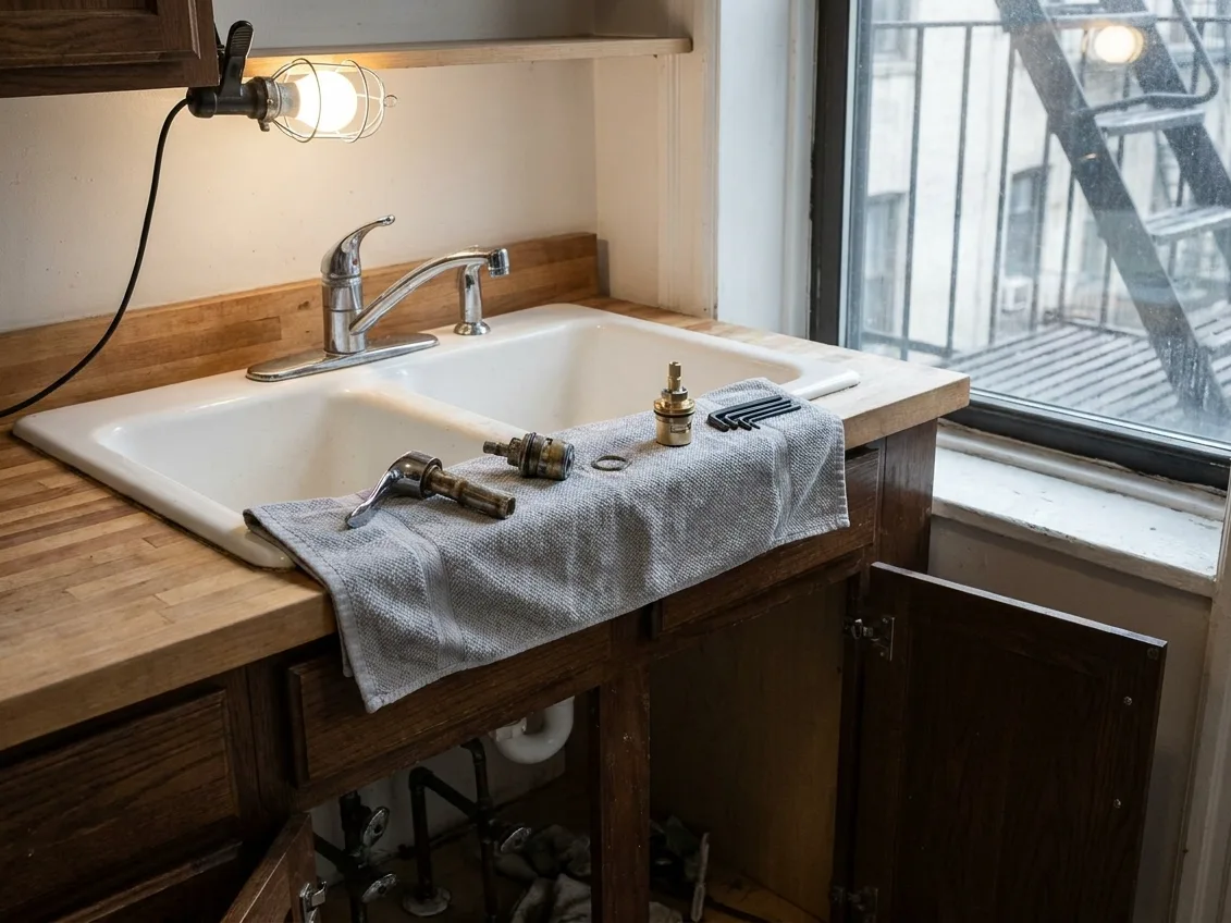 Faucet parts and a replacement cartridge laid out on a towel across a kitchen sink, with the cabinet below open to the supply valves