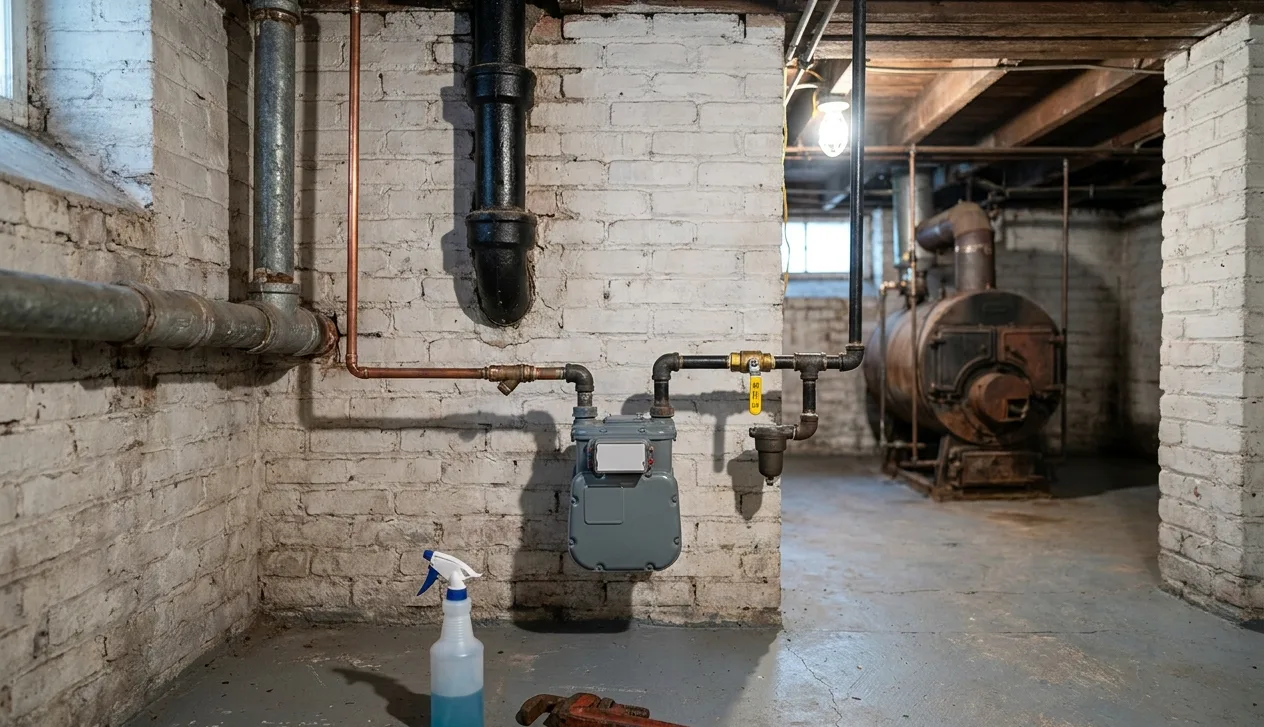 Black iron gas pipe running from a grey gas meter with a yellow shutoff valve toward an old boiler in a brick cellar