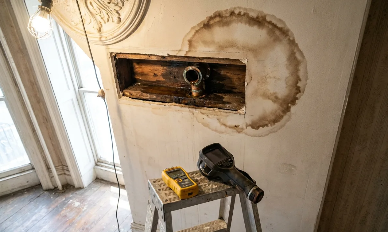 A brown water stain on an ornate plaster parlor ceiling with a small opening exposing a damp joist, and a moisture meter below