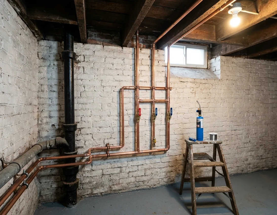 A neat copper pipe assembly with soldered tees and three quarter-turn ball valves fixed to a whitewashed brick wall