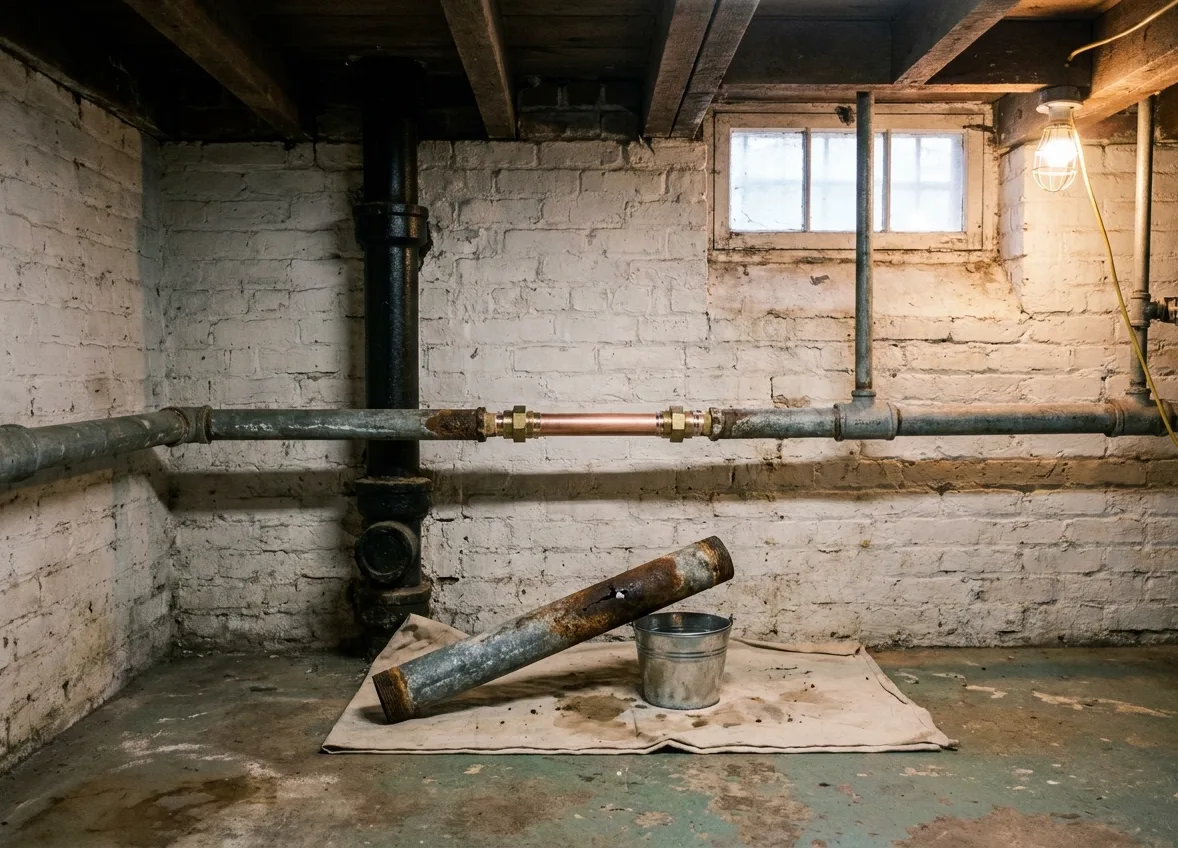 A rusty section of galvanized water pipe replaced with new copper and brass unions in a brick-walled brownstone cellar