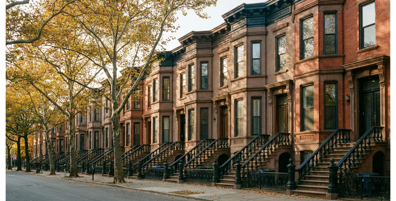 A row of brownstone houses with tall stoops and iron railings on a tree-lined Brooklyn block in autumn