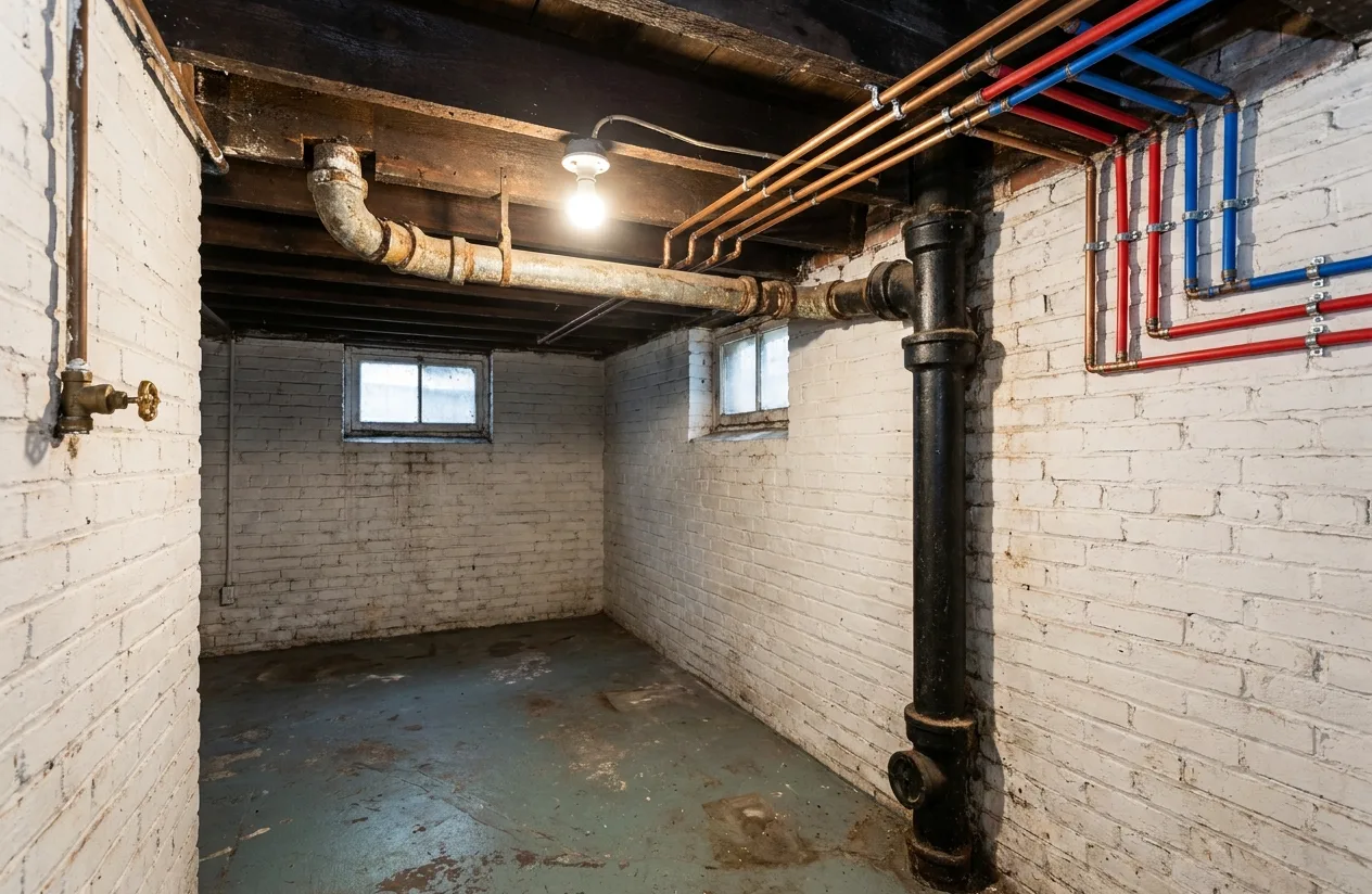 Old capped galvanized pipe beside a new copper main branching into red and blue PEX lines along a cellar ceiling