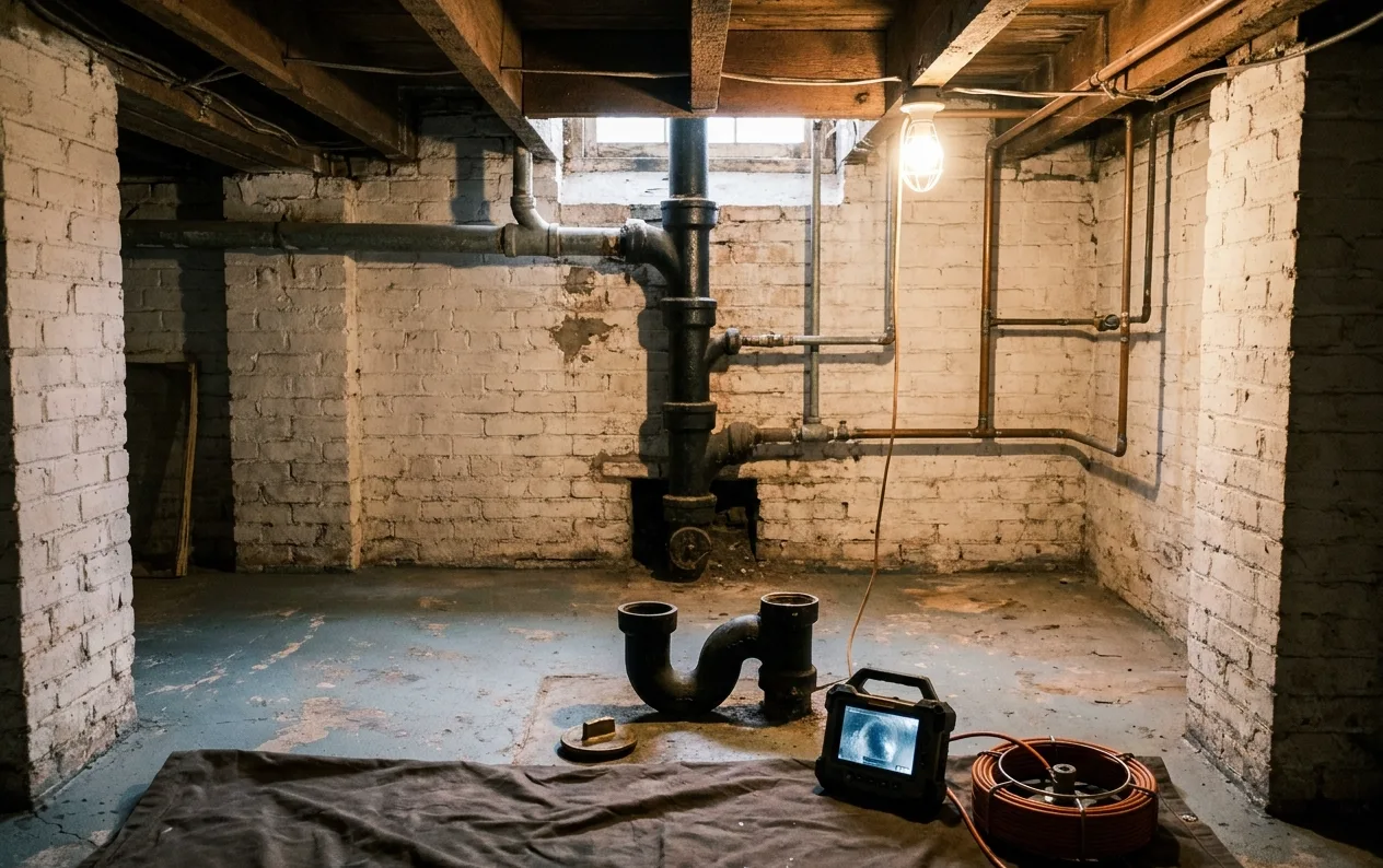 A cast iron U-shaped trap fitting on a cellar floor beside a sewer camera monitor and cable reel, below the building's drain stack