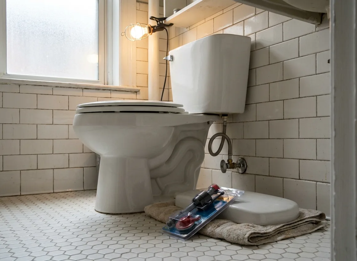 A white toilet in a bathroom with hexagon floor tile and subway tile walls, with packaged repair parts on a towel beside it