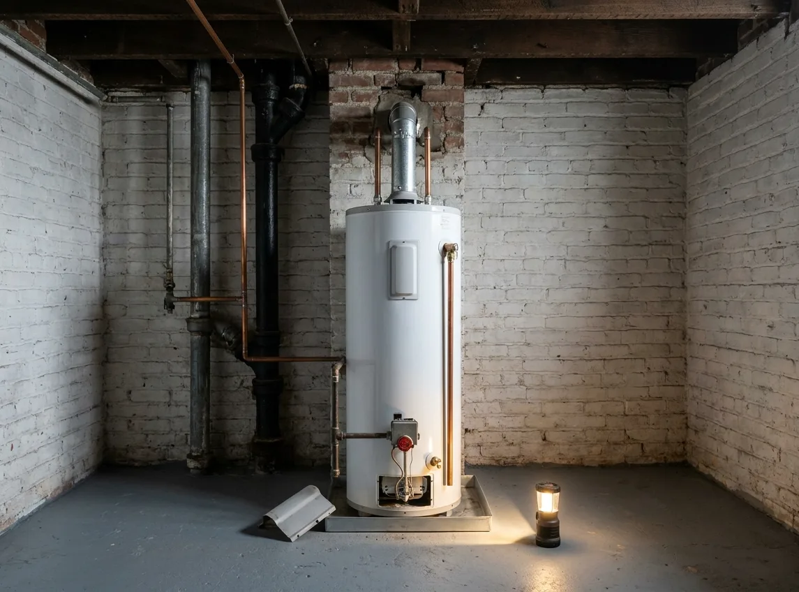 A white gas tank water heater on a drain pan with its flue rising into a brick chimney in a brownstone cellar