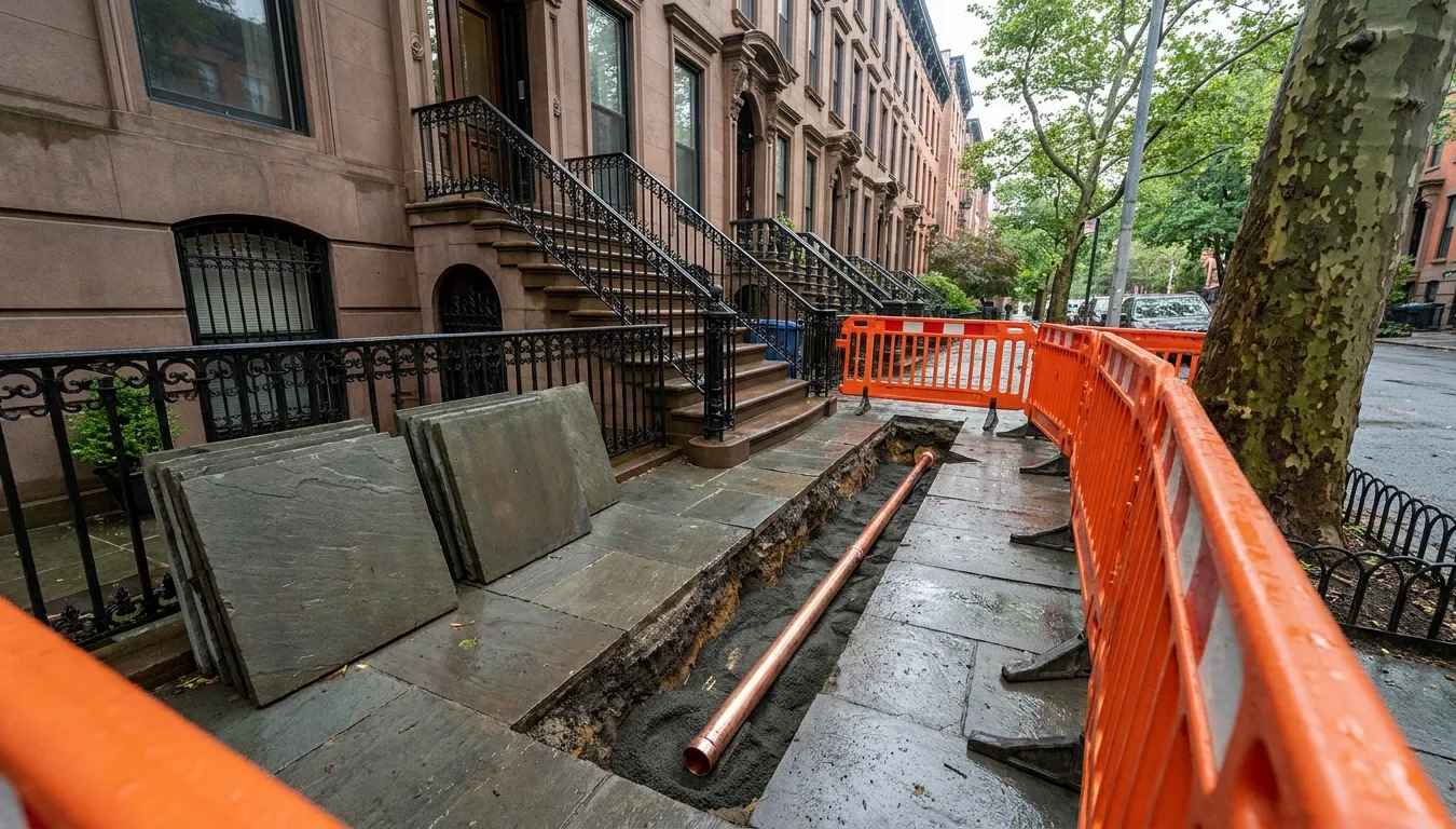 A narrow trench across a sidewalk in front of a brownstone with a new copper water line bedded in sand